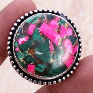 Copper Malachite & Pink Agate Ring Size 9